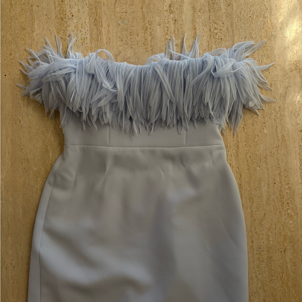 NWOT BCBG Feathered Off-Shoulder Dress in Light Blue